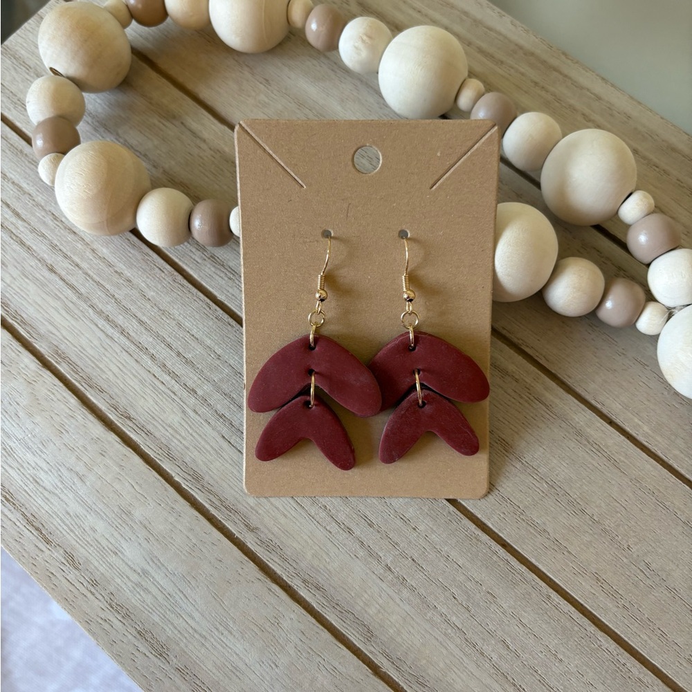 Handmade Boho Red Clay Dangle Earrings - Unique Double Leaf Design